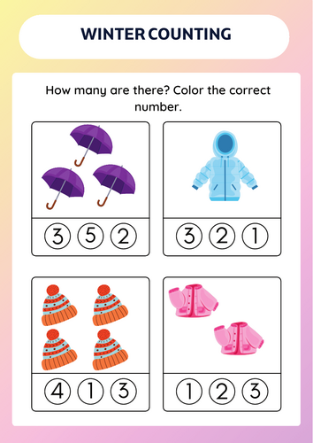 Preschool Winter Clothes Number Counting Worksheet in pink Cute Style