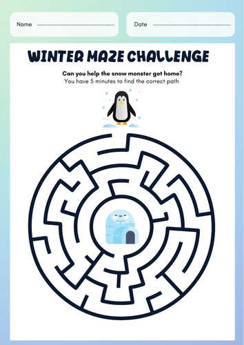 Blue Winter Maze Challenge Worksheet