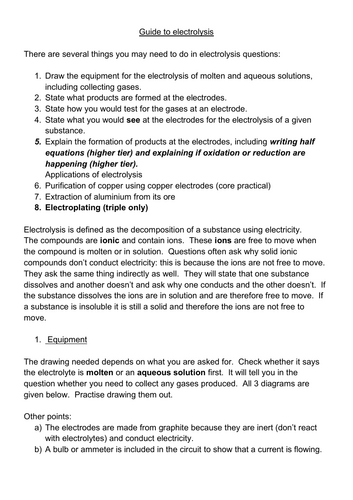 Guide to Edexcel GCSE Electrolysis