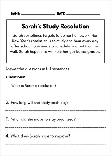 New Year’s Resolutions Reading Comprehension Passages with Questions