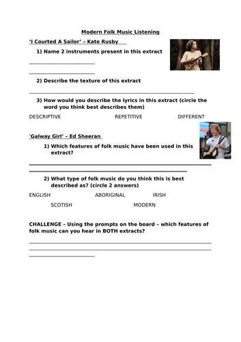 Modern Folk Music Listening Worksheet