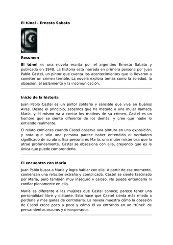 El túnel by Ernesto Sabato – Juan Pablo Castel - Summary