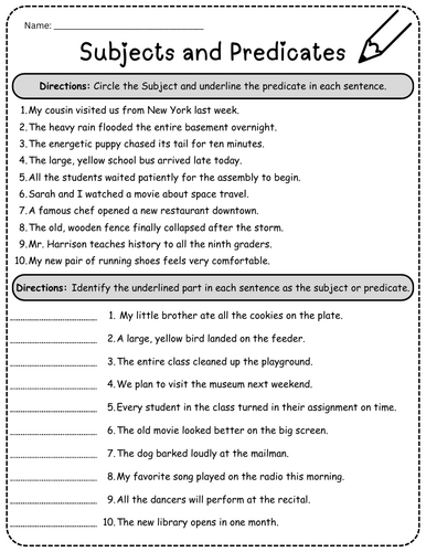 Subjects and Predicates Extra Practice Worksheets