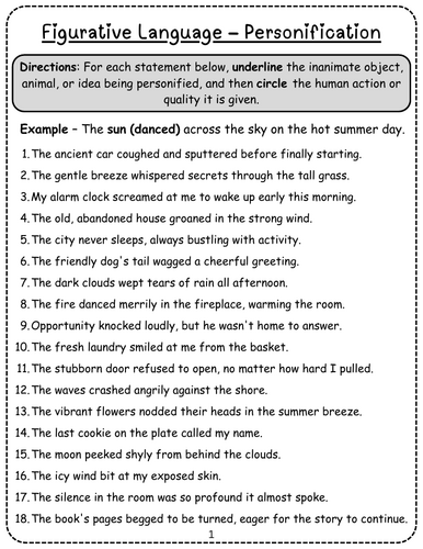 Figurative Language - Personification Worksheet