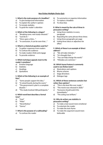 Non Fiction Multiple Choice Quiz