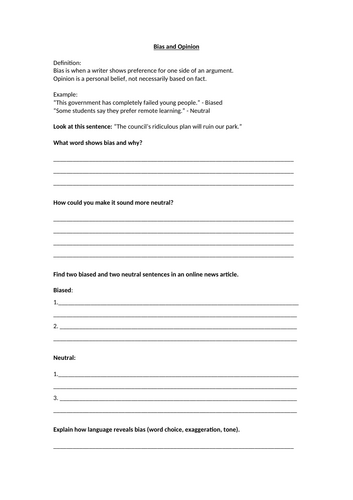 Non Fiction - Bias and Opinion Homework Worksheet