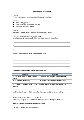Non Fiction - Headlines and Subheadings Homework Worksheet