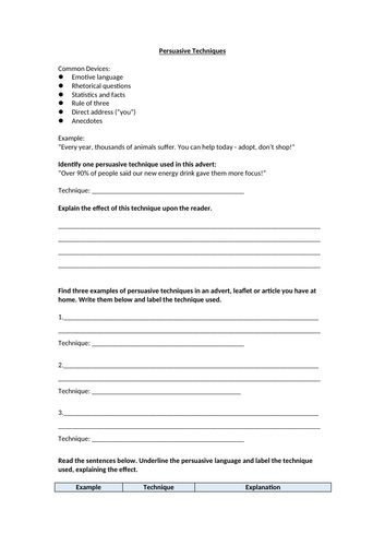 Non Fiction - Persuasive Techniques Homework Worksheet