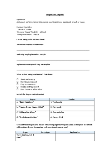 Non Fiction - Slogans and Taglines Homework Worksheet