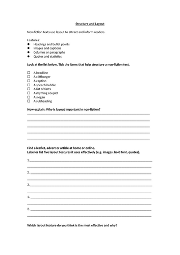 Non Fiction - Structure and Layout Homework Worksheet