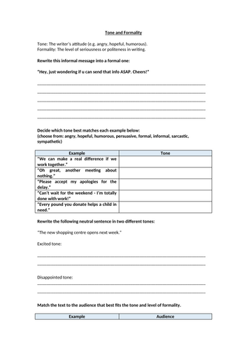 Non Fiction - Tone and Formality Homework Worksheet