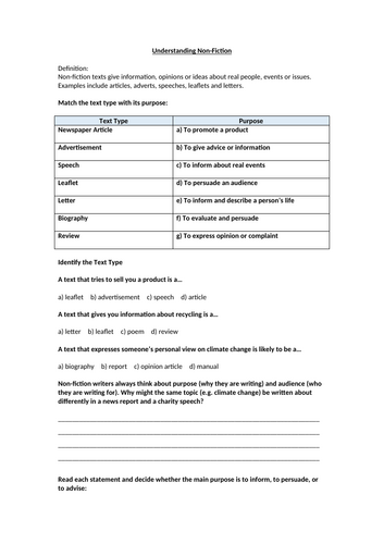 Non Fiction - Understanding Non Fiction Homework Worksheet