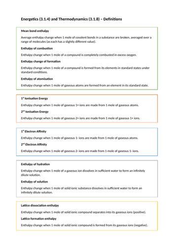 AQA A-Level Chemistry Thermodynamics Definitions