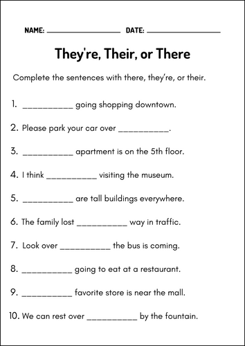 Printables There, Their, and They're Homophones Practice Worksheets