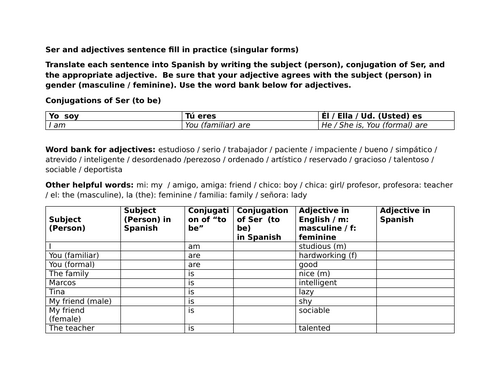 Ser and adjectives sentence fill in practice (singular forms)