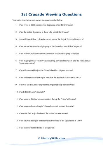 Overview of the First Crusade Viewing Questions Worksheet