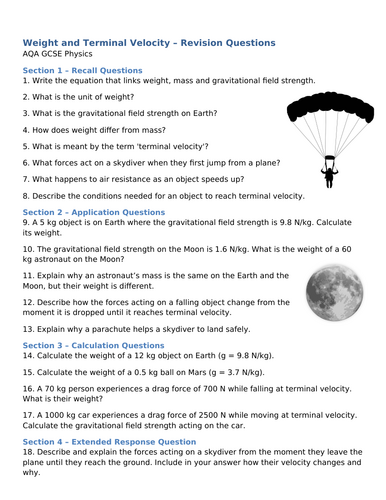 NEW (2016) AQA GCSE Physics - Weight and Terminal Velocity Homework