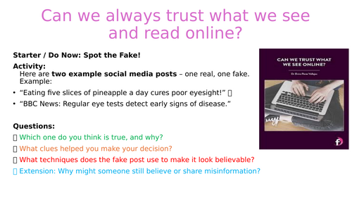 Misinformation: Can we always trust what we see and read online? PSHE Lesson - ONLINE SAFETY