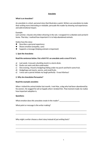 Anecdote Homework Worksheet