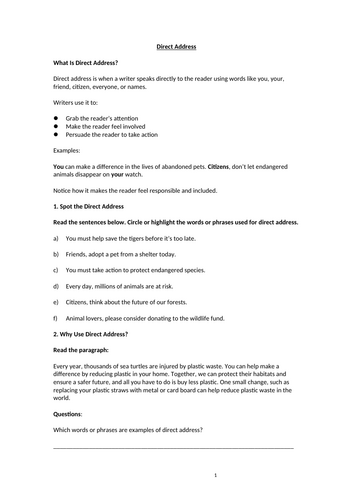 Direct Address Homework Worksheet