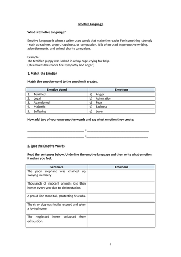 Emotive Language Homework Worksheet