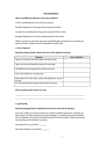 Facts and Opinions Homework Worksheet