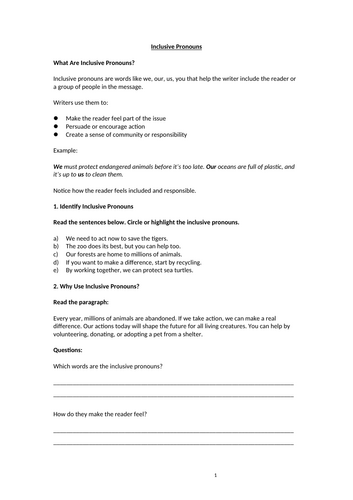 Inclusive Pronouns Homework Worksheet