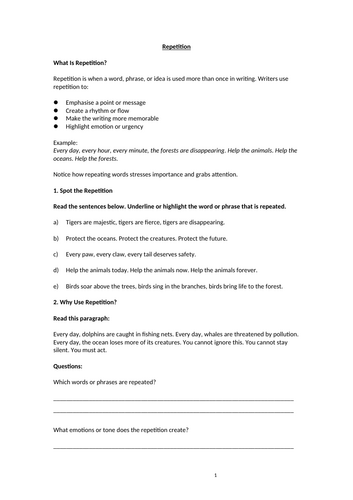 Repetition Homework Worksheet