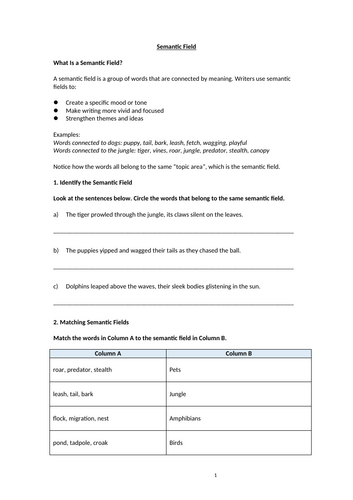 Semantic Field Homework Worksheet