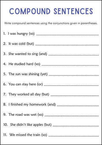 Simple and Compound Sentences Grammar Worksheets - Coordinating Conjunctions