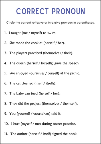 Printable Reflexive and Intensive Pronouns Grammar Worksheets for Grade 1, 2, 3