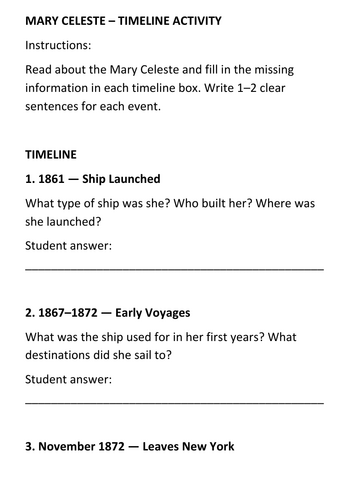 MARY CELESTE – TIMELINE ACTIVITY