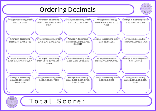 Ordering Decimals - 20 Questions