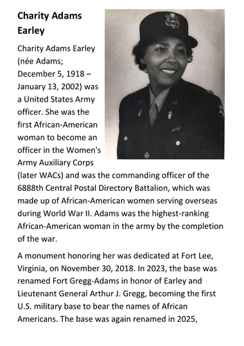 Charity Adams Earley Six Triple Eight Handout