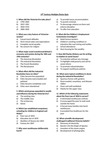 19th Century Multiple Choice Quiz