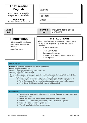 10 English – Teen Representations – Mock Exam paper 2 (short response)