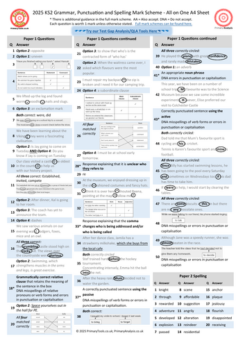 2025 KS2 SATs Grammar, Punctuation and Spelling Test Mark Scheme on a Page