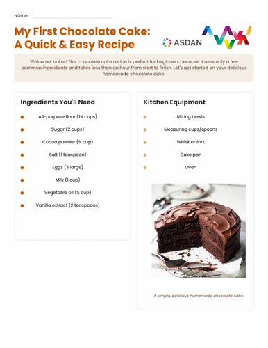 ASDAN Food Wise - Chocolate Cake Recipe