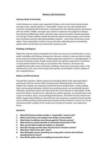 Victorian Women Context Worksheet