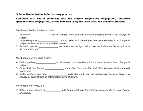 Subjunctive Indicative Infinitive easy practice