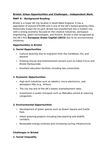 Bristol urban opportunities and challenges worksheets (Independent)
