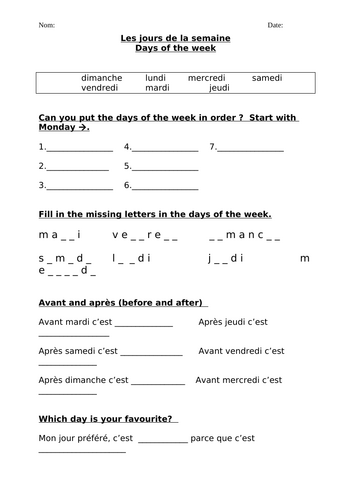 Les Jours de la Semaine Learning Exercise
