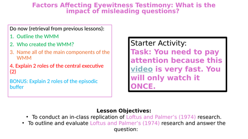 Memory - Factors Affecting Eyewitness Testimony (Leading Questions/Misleading Information) A-Level