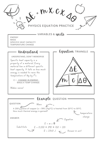 SHC Thermal Energy - Physics equation worksheet