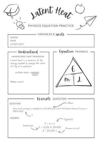 Latent heat equation - Physics equation worksheet