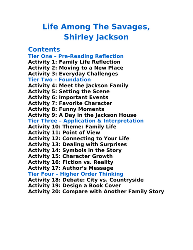 Life Among The Savages Shirley Jackson - 20 Differentiated Activities
