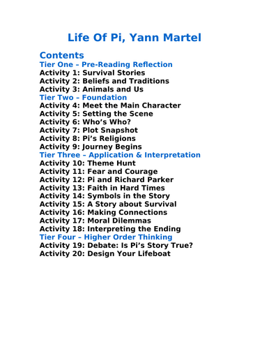 Life Of Pi Yann Martel - 20 Differentiated Activities