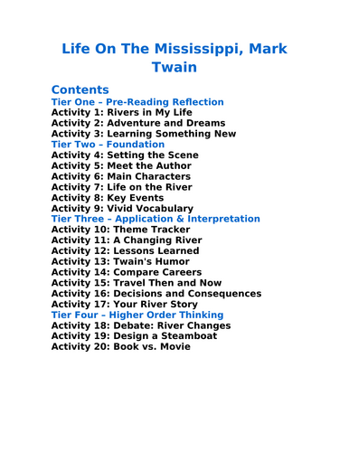 Life On The Mississippi Mark Twain - 20 Differentiated Activities
