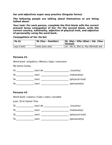 Ser and adjectives super easy practice (Singular forms)
