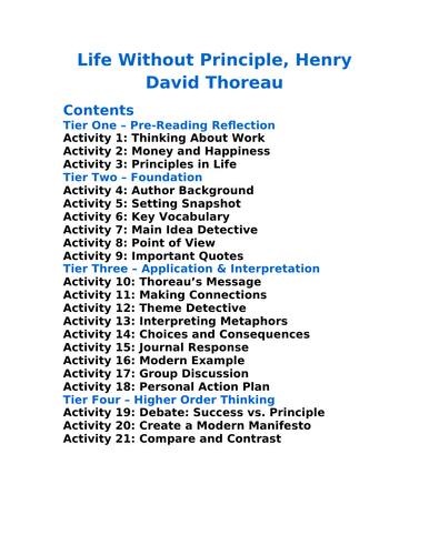 Life Without Principle Henry David Thoreau - 20 Differentiated Activities